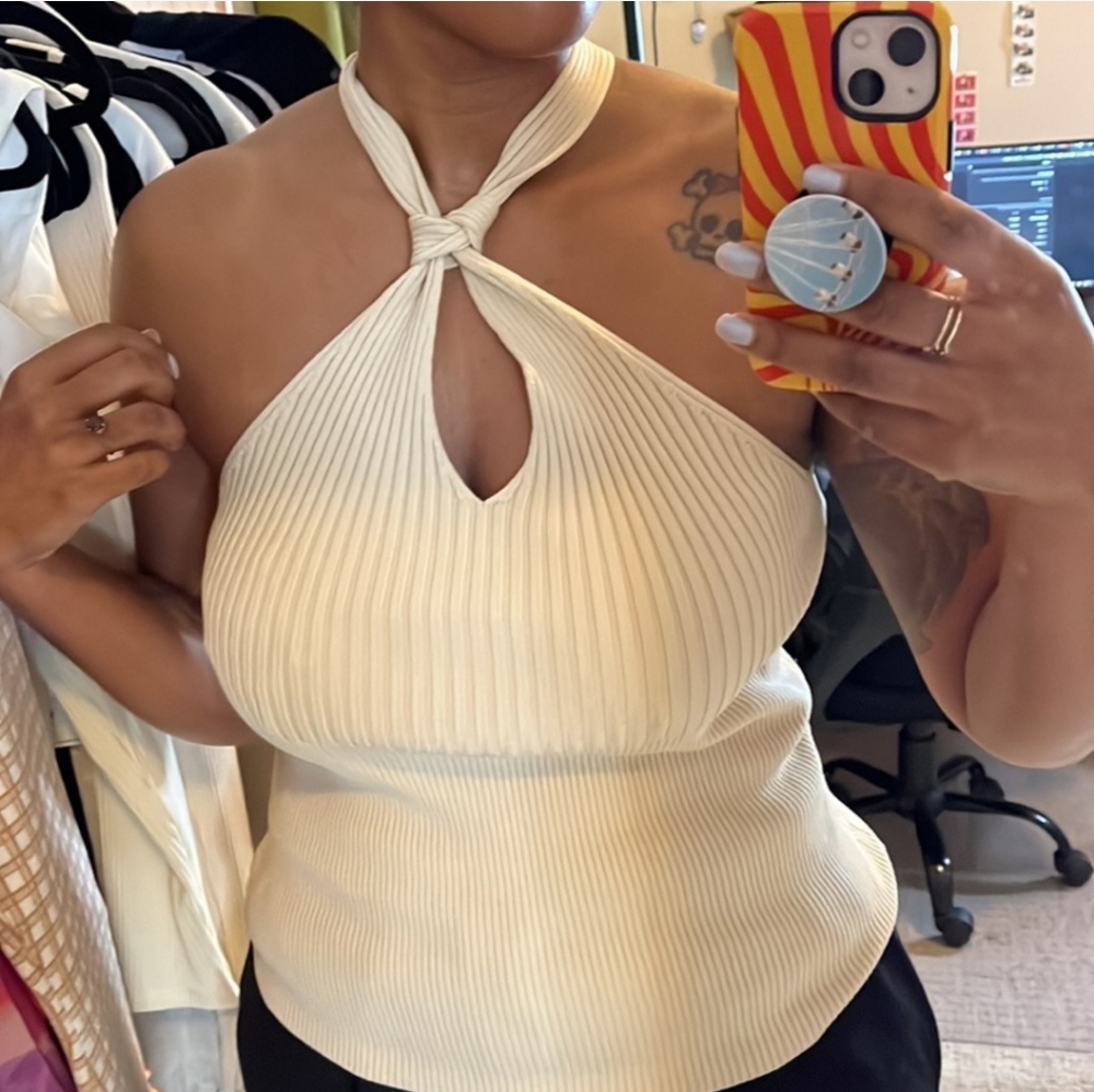 NWT $255 Jonathan Simkhai Andrea Knit Knotted Neck Halter Sleeveless Top Almond - Picture 15 of 16